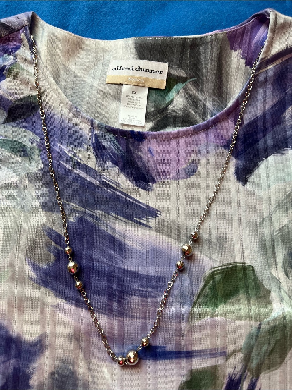 NWOT Alfred Dunner 2X Purple & Gray Watercolor Floral Print, 3/4 Sleeves
